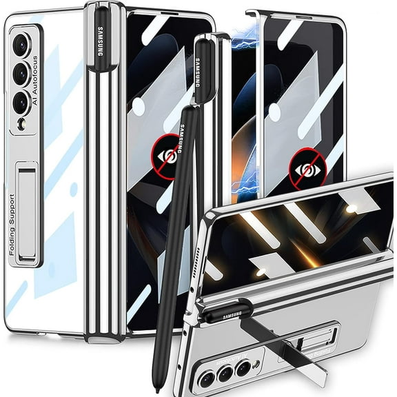Privacy Screen Protector Case Compatible Samsung Galaxy Z Fold 4 5g Case with S Pen Holder & Stand,Magnetic Hinge Protection Protective Clear Cover Phone Case for Samsung Z Fold 4 Case Silver