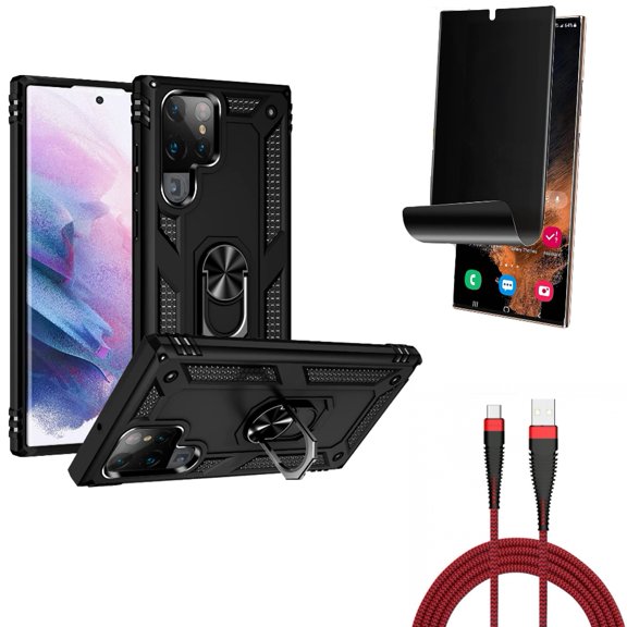Privacy Screen Protector & Hybrid Case Cover & 10ft USB Cable for Samsung Galaxy S22 Ultra (6.8") - Combo TPU Film (Fingerprint) Anti-Peep & Metal Ring Kickstand & Type-C Charger Cord Power