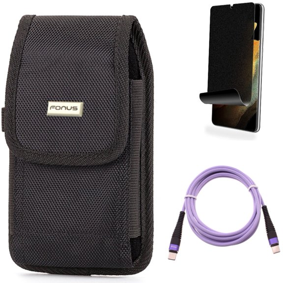 Privacy Screen Protector & Purple 10ft PD Cable & Case Belt Clip for Samsung Galaxy S22 Plus (S22+) - Combo TPU Film (Fingerprint) Anti-Peep & Type-C to USB-C Fast Charger Cord Extra Long & Rugged
