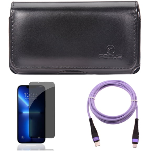 Privacy Screen Protector & Purple 6ft PD Cable & Case Belt Clip for iPhone 13/Pro ONLY - Tempered Glass Curved Anti-Spy + USB-C Long Cord Fast Charger + Leather Swivel Holster Combo
