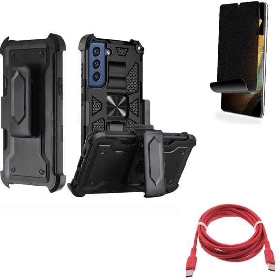 Privacy Screen Protector & Red 6ft Long Cable & Case Belt Clip for Samsung Galaxy S22 Plus (S22+) - Combo TPU Film (Fingerprint Works) Anti-Peep & USB-C to Type-C PD Fast Charger Cord & Holster Swivel
