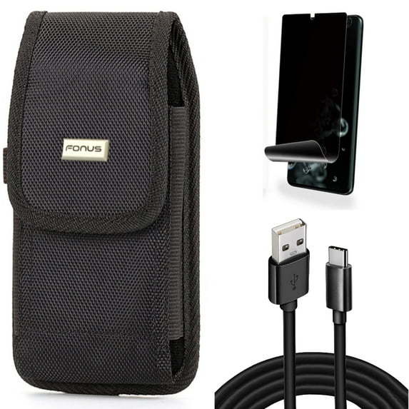 Privacy Screen Protector w 10ft USB Cable w Case Belt Clip for Samsung Galaxy S20 Ultra - TPU Film [NOT GLASS] [Fingerprint Works], Type-C Charger Cord Power, Rugged Holster fits Galaxy S20 Ultra