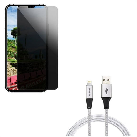 Privacy Screen Protector w 10ft USB Cable for iPhone XR - Tempered Glass Curved Anti-Spy Anti-Peep, Charger Cord Power Wire Braided