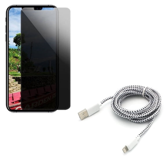 Privacy Screen Protector w 6ft USB Cable for iPhone XR - Tempered Glass Curved Anti-Spy Anti-Peep, Charger Cord Power Wire Braided