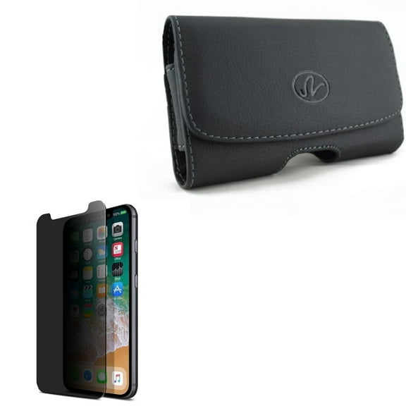 Privacy Screen Protector w Case Belt Clip for iPhone 11 Pro Max - Tempered Glass Curved Anti-Spy Anti-Peep 3D Edge Case Friendly, Leather Swivel Holster Loops Cover Pouch
