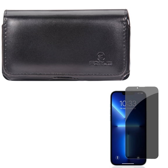 Privacy Screen Protector w Case Belt Clip for iPhone 13/Pro - Tempered Glass Curved Anti-Spy Anti-Peep 3D Edge, Leather Swivel Holster Loops Cover O8R Compatible With iPhone 13/Pro