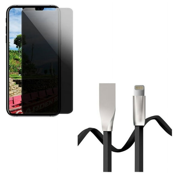 Privacy Screen Protector w USB Cable for iPhone XR - Tempered Glass Curved Anti-Spy Anti-Peep, 6ft Flat Charger Cord Power