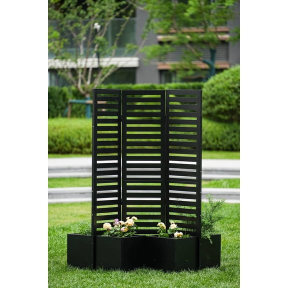 Privacy Screen with Planter Box,Metal Garden Fence Panel, 3-Panel Freestanding Outdoor Room Divider with 4 Self-Draining Raised Garden Beds for Patio