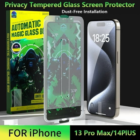 Privacy Tempered Glass for iPhone 13 Pro Max/14PlUS with Dust-Free Tray - Anti-Spy, 180° Viewing Angle, Shatterproof