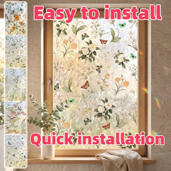 Privacy Window Film, 17.71"x47.24" Floral Decorative Window Film for Glass, Window Film Heat Control, Easy to Install, A