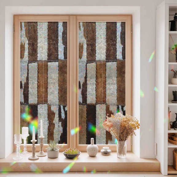 Privacy Window Film, Abstract Cowhides Static Cling Stained Glass Window Film, UV Sun Blocking Heat Control Stickers, Non-Adhesive Laser Windows Tint 29.5"x78.7" Brown Beige Animal Fur Texture