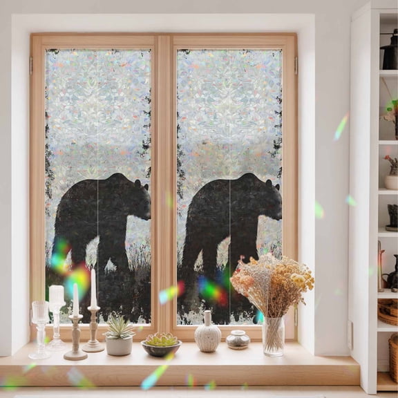 Privacy Window Film, Black Bear Static Cling Stained Glass Window Film, UV Sun Blocking Heat Control Stickers, Non-Adhesive Laser Windows Tint 29.5"x78.7" Vintage Forest Cabin Animals Silhouette