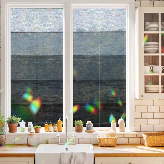 Privacy Window Film, Black Grey Ombre Static Cling Stained Glass Window Film, UV Sun Blocking Heat Control Stickers, Non-Adhesive Laser Windows Tint 17.7"x39.3" Farmhouse Vintage Wooden Striped