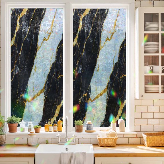 Privacy Window Film, Black Marble Static Cling Stained Glass Window Film, UV Sun Blocking Heat Control Stickers, Non-Adhesive Laser Windows Tint 17.7"x39.3" Luxury Gold White Abstract Cracks Artwork