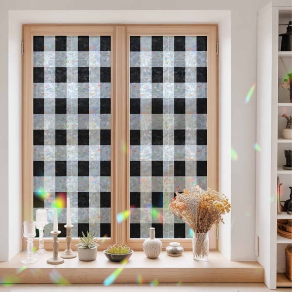 Privacy Window Film, Black White Plaid Static Cling Stained Glass Window Film, UV Sun Blocking Heat Control Stickers, Non-Adhesive Laser Windows Tint 23.6"x59" Spring Farmhouse Buffalo Checkered