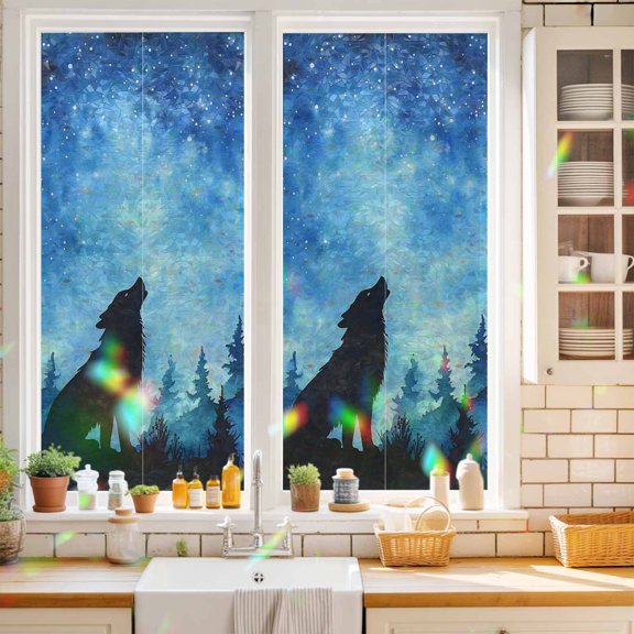 Privacy Window Film, Black Wolf Silhouette Static Cling Stained Glass Window Film, UV Sun Blocking Heat Control Stickers, Non-Adhesive Laser Windows Tint 17.7"x39.3" Abstract Starry Night Forest