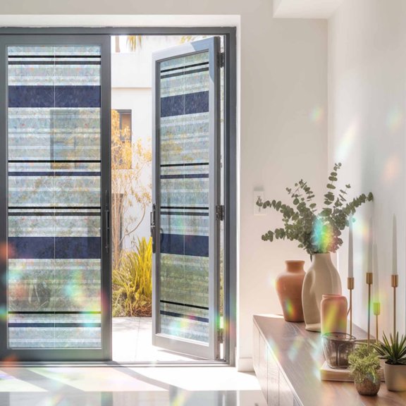 Privacy Window Film, Blue Black Grey Striped Static Cling Stained Glass Window Film, UV Sun Blocking Heat Control Stickers, Non-Adhesive Laser Windows Tint 17.7"x78.7" Farmhouse Stripes