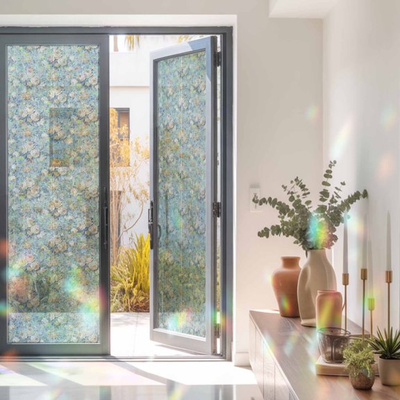 Privacy Window Film, Blue Flowers Static Cling Stained Glass Window Film, UV Sun Blocking Heat Control Stickers, Non-Adhesive Laser Windows Tint 17.7"x78.7" Romantic Farmhouse Botanical Floral Leaves