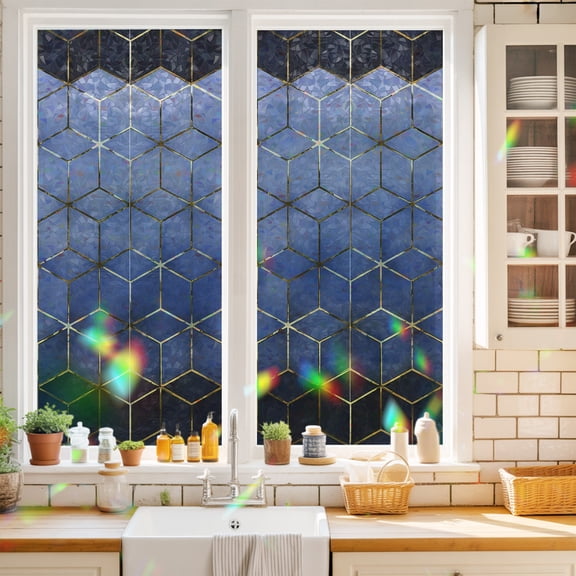 Privacy Window Film, Blue Geometric Static Cling Stained Glass Window Film, UV Sun Blocking Heat Control Stickers, Non-Adhesive Laser Windows Tint 17.7"x39.3" Ombre Modern Abstract Art