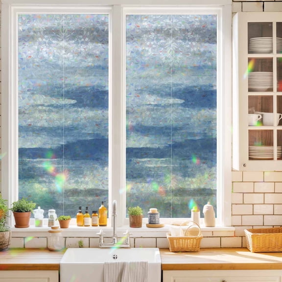 Privacy Window Film, Blue Gray White Static Cling Stained Glass Window Film, UV Sun Blocking Heat Control Stickers, Non-Adhesive Laser Windows Tint 17.7"x39.3" Modern Abstract Mottled Aesthetic