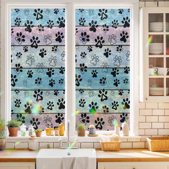 Privacy Window Film, Blue Pink Dog Paws Prints Static Cling Stained Glass Window Film, UV Sun Blocking Heat Control Stickers, Non-Adhesive Laser Windows Tint 17.7"x39.3" Farmhouse Beige Wood