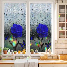 Privacy Window Film, Blue Rose Static Cling Stained Glass Window Film, UV Sun Blocking Heat Control Stickers, Non-Adhesive Laser Windows Tint 19.6"x39.3" Flower Raindrops Butterfly Grey Art
