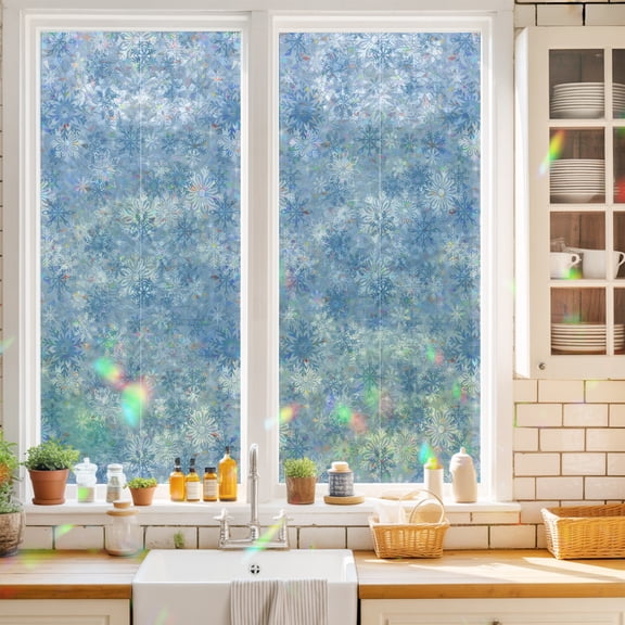 Privacy Window Film, Blue Snowflake Static Cling Stained Glass Window Film, UV Sun Blocking Heat Control Stickers, Non-Adhesive Laser Windows Tint 17.7"x39.3" Christmas Snowflake Blue White