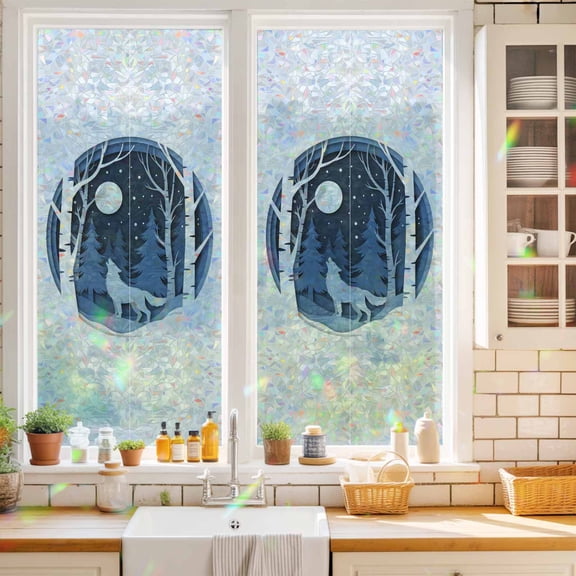 Privacy Window Film, Blue Wolf Static Cling Stained Glass Window Film, UV Sun Blocking Heat Control Stickers, Non-Adhesive Laser Windows Tint 19.6"x39.3" Christmas Tree Forest Scissors Moon Night