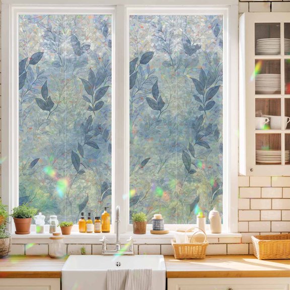Privacy Window Film, Blue Yellow Botanical Static Cling Stained Glass Window Film, UV Sun Blocking Heat Control Stickers, Non-Adhesive Laser Windows Tint 17.7"x39.3" Spring Summer Vintage