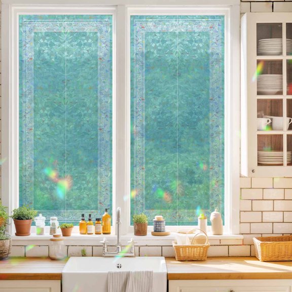 Privacy Window Film, Bluish Green Greek Key Static Cling Stained Glass Window Film, UV Sun Blocking Stickers, Non-Adhesive Laser Windows Tint 17.7"x39.3" Geometric Greece Ancient Farmhouse Geo