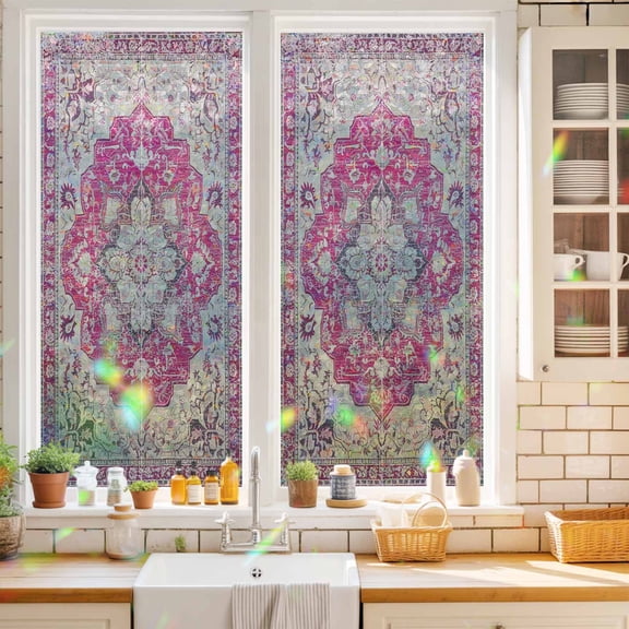 Privacy Window Film, Boho Pink Static Cling Stained Glass Window Film, UV Sun Blocking Stickers, Non-Adhesive Laser Windows Tint 17.7"x39.3" Middle Century Boho Geometric Abstract Southwestern