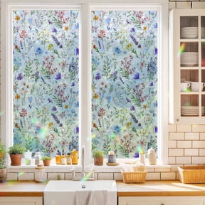 Privacy Window Film, Botanical Flowers Static Cling Stained Glass Window Film, UV Sun Blocking Heat Control Stickers, Non-Adhesive Laser Windows Tint 19.6"x39.3" Watercolor Floral Plants Country