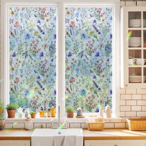 Privacy Window Film, Botanical Flowers Static Cling Stained Glass Window Film, UV Sun Blocking Heat Control Stickers, Non-Adhesive Laser Windows Tint 19.6"x39.3" Watercolor Floral Plants Country