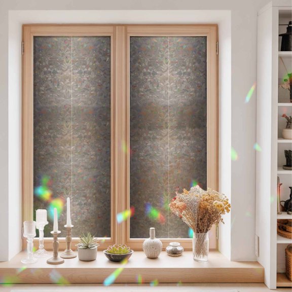 Privacy Window Film, Brown Ombre Static Cling Stained Glass Window Film, UV Sun Blocking Heat Control Stickers, Non-Adhesive Laser Windows Tint 23.6"x59" Modern Gradient Abstract Art