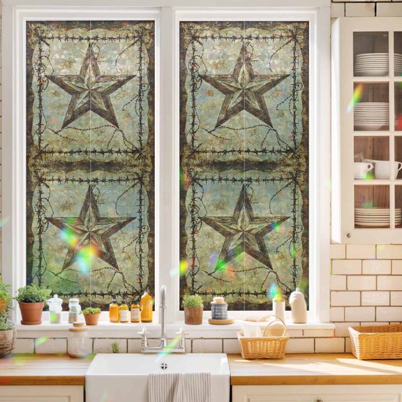 Privacy Window Film, Brown Texas Star Country Static Cling Stained Glass Window Film, UV Sun Blocking Heat Control Stickers, Non-Adhesive Laser Windows Tint 17.7"x39.3" Western Stars Retro
