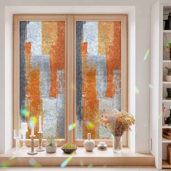 Privacy Window Film, Burnt Orange Grey Static Cling Stained Glass Window Film, UV Sun Blocking Heat Control Stickers, Non-Adhesive Laser Windows Tint 29.5"x78.7" Modern Oil Painted Abstract Art