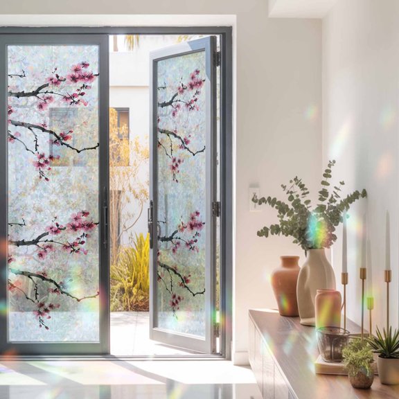 Privacy Window Film, Cherry Blossoms Static Cling Stained Glass Window Film, UV Sun Blocking Heat Control Stickers, Non-Adhesive Laser Windows Tint 17.7"x78.7" Pink Pastoral Modern Gradient Spring