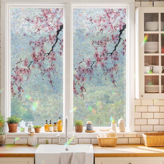 Privacy Window Film, Cherry Blossoms Static Cling Stained Glass Window Film, UV Sun Blocking Stickers, Non-Adhesive Laser Windows Tint 17.7"x39.3" Pink Flower Floral Spring Nature Country