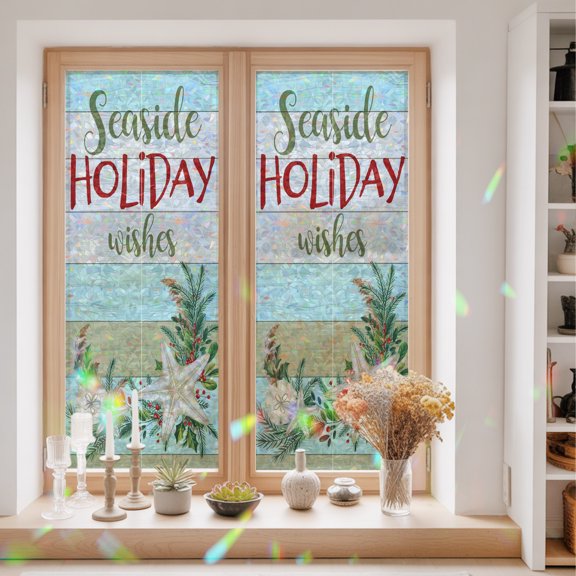 Privacy Window Film, Christmas Starfish Ocean Static Cling Stained Glass Window Film, UV Sun Blocking Heat Control Stickers, Non-Adhesive Laser Windows Tint 29.5"x78.7" Coastal Tropical Plants Wood