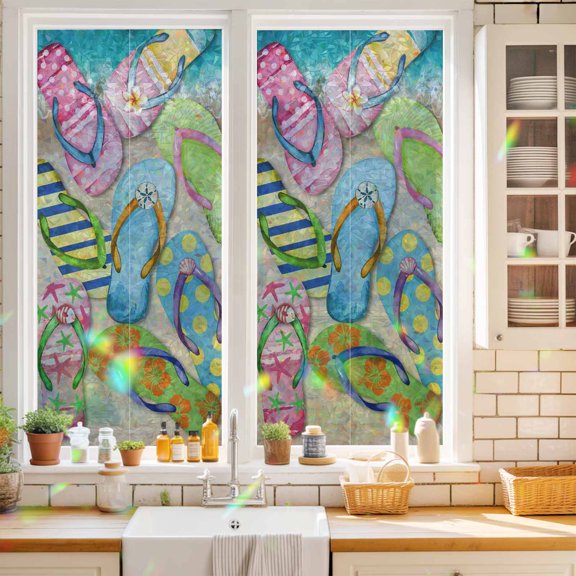 Privacy Window Film, Colorful Flip Flops Static Cling Stained Glass Window Film, UV Sun Blocking Heat Control Stickers, Non-Adhesive Laser Windows Tint 19.6"x39.3" Summer Blue Beach Ocean
