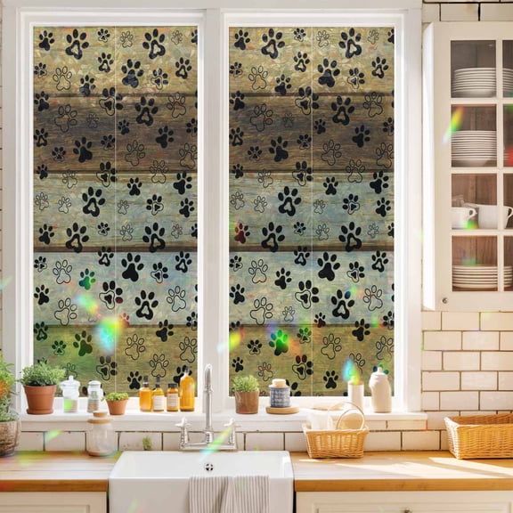 Privacy Window Film, Cute Dog Claws Static Cling Stained Glass Window Film, UV Sun Blocking Stickers, Non-Adhesive Laser Windows Tint 17.7"x39.3" Farmhouse Brown Wooden Grain Puppy Pawprints