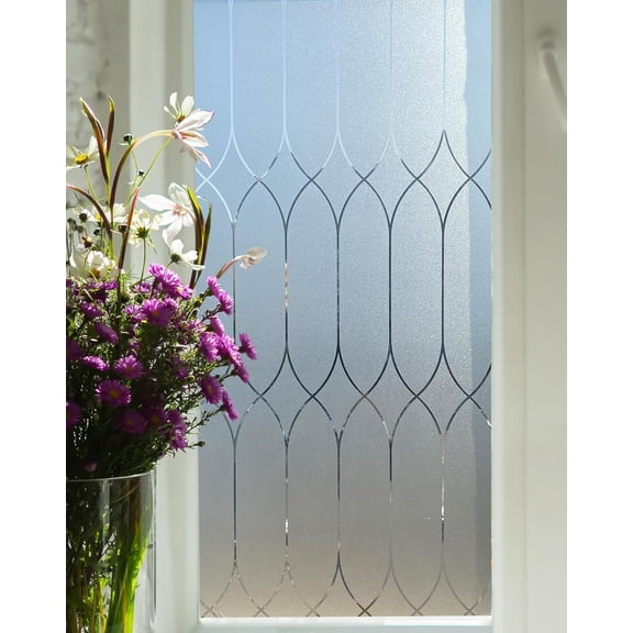 Privacy Window Film Decoration, Heat Control Window Tint for Home, Static Cling Glass Door Coverings Window Sticker Removable Non-Adhesive UV Blocking, Frosted Film w/Clear Morocco Lines, 35.4"x157"