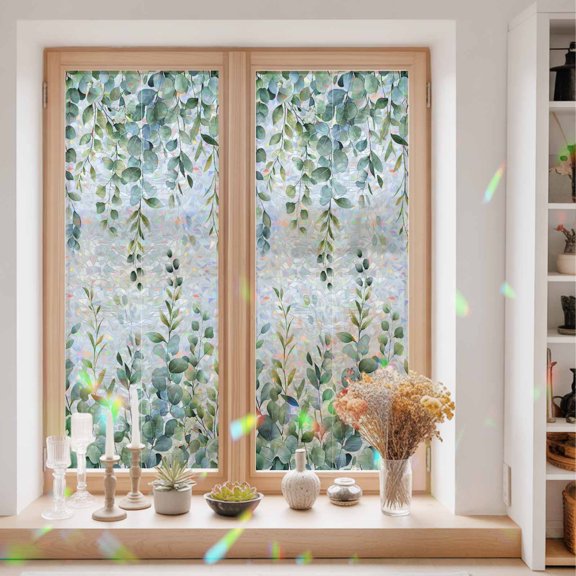 Privacy Window Film, Eucalyptus Green Static Cling Stained Glass Window Film, UV Sun Blocking Heat Control Stickers, Non-Adhesive Laser Windows Tint 29.5"x78.7" Gradient Leaves Retro Watercolor Plant