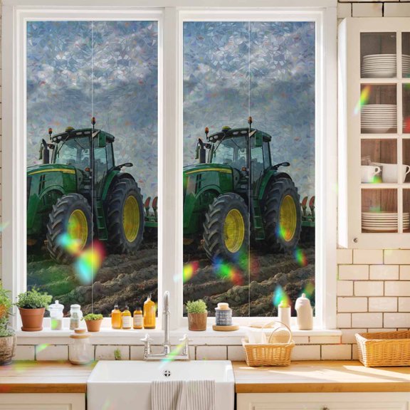 Privacy Window Film, Farm Tractor Static Cling Stained Glass Window Film, UV Sun Blocking Heat Control Stickers, Non-Adhesive Laser Windows Tint 17.7"x39.3" Green Truck Country Rustic Field Harvester