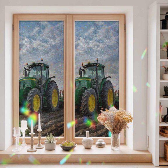 Privacy Window Film, Farm Tractor Static Cling Stained Glass Window Film, UV Sun Blocking Heat Control Stickers, Non-Adhesive Laser Windows Tint 23.6"x59" Green Truck Country Rustic Field Harvester
