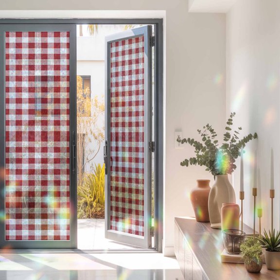 Privacy Window Film, Farmhouse Red Plaid Static Cling Stained Glass Window Film, UV Sun Blocking Heat Control Stickers, Non-Adhesive Laser Windows Tint 17.7"x78.7" Rustic Red White Checkered