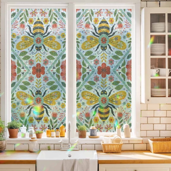 Privacy Window Film, Flowers Bee Static Cling Stained Glass Window Film, UV Sun Blocking Heat Control Stickers, Non-Adhesive Laser Windows Tint 17.7"x39.3" Retro Country Botanical Floral Plants Dots