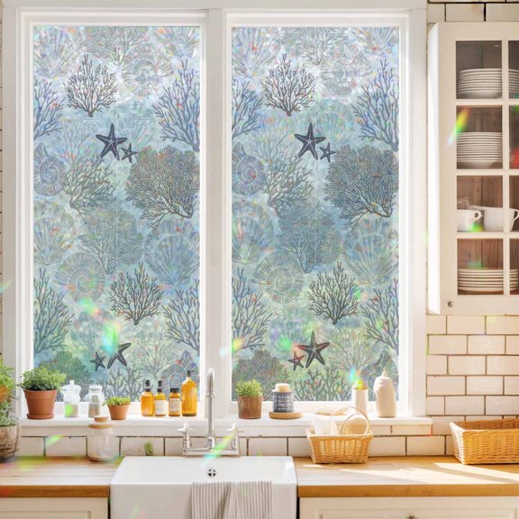 Privacy Window Film, Gray Shell Coral Static Cling Stained Glass Window Film, UV Sun Blocking Heat Control Stickers, Non-Adhesive Laser Windows Tint 17.7"x39.3" Coastal Summer Beach Nautical Ocean