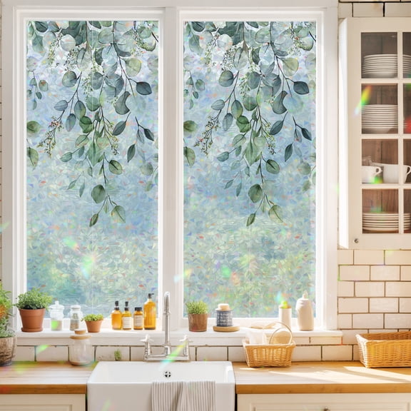 Privacy Window Film, Green Eucalyptus Leaves Static Cling Stained Glass Window Film, UV Sun Blocking Heat Control Stickers, Non-Adhesive Laser Windows Tint 17.7"x39.3" Summer Watercolor Botanical