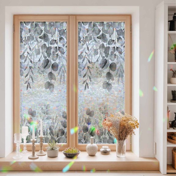 Privacy Window Film, Grey Eucalyptus Leaves Static Cling Stained Glass Window Film, UV Sun Blocking Heat Control Stickers, Non-Adhesive Laser Windows Tint 29.5"x78.7" Spring Summer Botanical